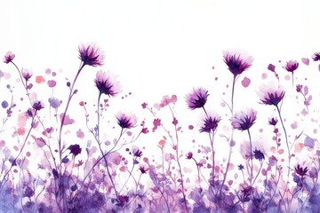 Fototapeta premium A minimalistic watercolor illustration featuring milk thistle seeds and flowers in shades of purple against a white background