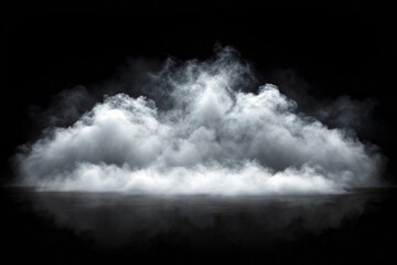 White fog or smoke cloud isolated on black background with reflection.