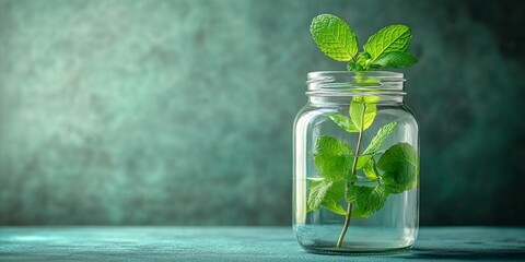 A jar filled with fresh peppermint leaves submerged in water, set against a softly blurred green background