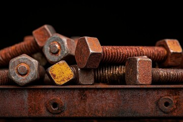 Rusty bolts and nuts arranged on a weathered metal surface with a black background