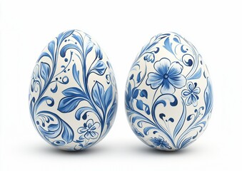 Fototapeta premium Easter eggs with folk blue pattern in Gzhel-style. Easter folk design concept