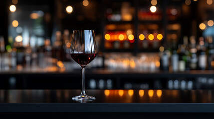 Elegant Wine Service. A stemmed glass filled with rich red wine sits on a bar top, backdropped by the warm glow of a dimly lit bar, a classy scene.