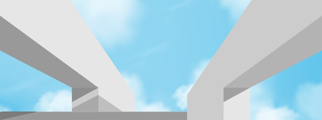 Low angle,POV sky background with white two concrete wall,Blue Sky,Cloud with 3d Sharp edges of abstract structure,Minimalist background for Spring,Summer Banner Design
