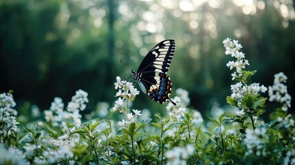 Butterfly feeding on white flowers in a garden at sunset; nature background for posters