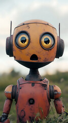 A whimsical robot with large eyes, expressing surprise in a grassy outdoor setting.