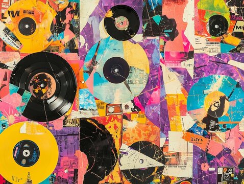 Colorful music magazine collage showcasing vibrant vinyl records and artistic elements in a lively design