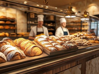 Artisanal bakery showcasing a variety of fresh bread and pastries in a warm, inviting atmosphere