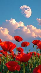 Fototapeta premium Red poppies sway in a vibrant field under a bright moonlit sky with fluffy clouds at dusk