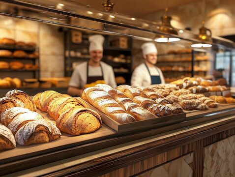 Artisanal bakery showcasing a variety of fresh bread and pastries in a warm, inviting atmosphere