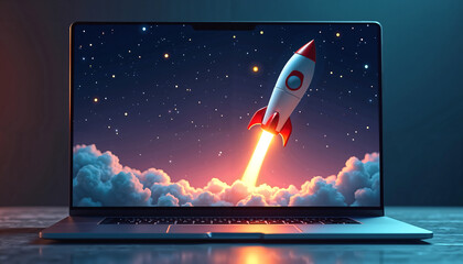 Laptop Screen Displaying Rocket Launching into Space Startup Concept Digital Innovation