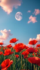 Obraz premium Red poppies sway in a vibrant field under a bright moonlit sky with fluffy clouds at dusk
