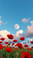 Obraz premium Red poppies sway in a vibrant field under a bright moonlit sky with fluffy clouds at dusk