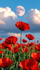 Obraz premium Red poppies sway in a vibrant field under a bright moonlit sky with fluffy clouds at dusk