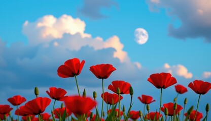 Obraz premium Red poppies sway in a vibrant field under a bright moonlit sky with fluffy clouds at dusk