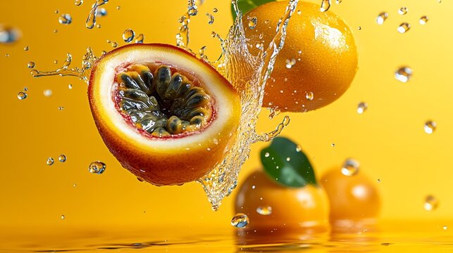 Slice of orange is floating in a pool of water. The orange is surrounded by water droplets, creating a sense of movement and freshness
