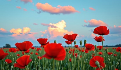 Fototapeta premium Red poppies sway in a vibrant field under a bright moonlit sky with fluffy clouds at dusk