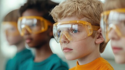 A group of children wearing protective goggles attentively listen, showcasing curiosity and focus in a learning environment.