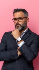 Pensive businessman, pink background, portrait