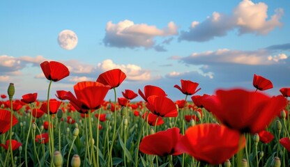 Obraz premium Red poppies sway in a vibrant field under a bright moonlit sky with fluffy clouds at dusk