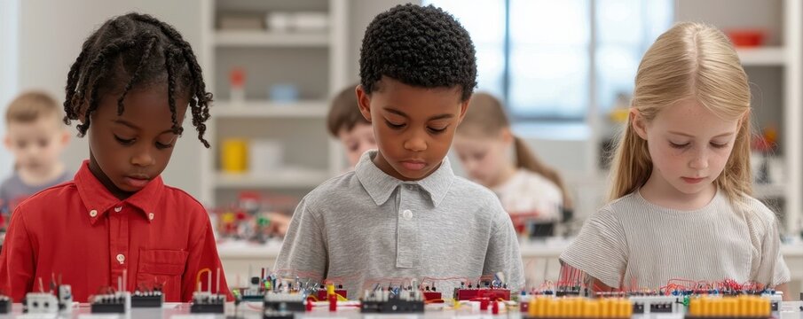 Three children engage in a creative activity, focused on building with colorful blocks, showcasing collaboration and learning in a bright classroom setting.