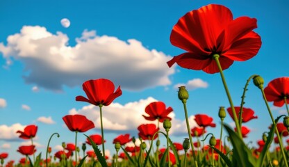 Obraz premium Red poppies sway in a vibrant field under a bright moonlit sky with fluffy clouds at dusk