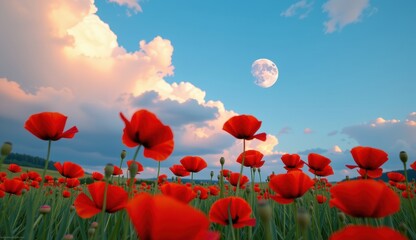 Obraz premium Red poppies sway in a vibrant field under a bright moonlit sky with fluffy clouds at dusk