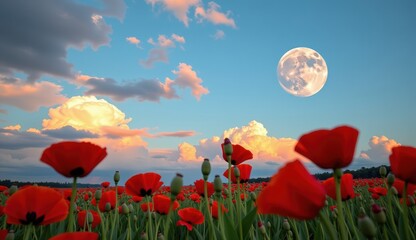Fototapeta premium Red poppies sway in a vibrant field under a bright moonlit sky with fluffy clouds at dusk
