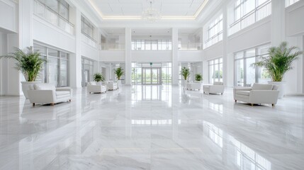 Fototapeta premium Luxurious white marble lobby, bright interior, plants, glass doors, tranquil background, ideal for corporate or real estate