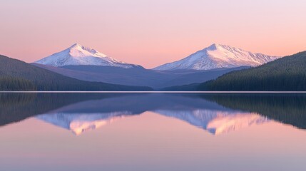 Snowy Mountain Peaks Reflecting on Calm Lake Water in Tranquil Setting