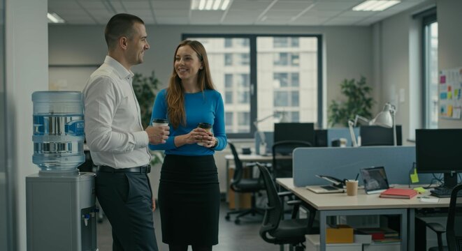 Office camaraderie two colleagues chatting by the water cooler during break
