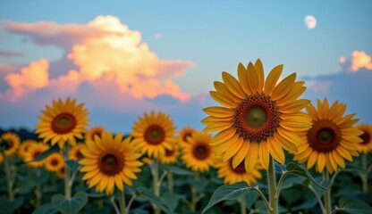 Fototapeta premium Sunflowers bloom under a vibrant sky with a full moon and clouds during sunset
