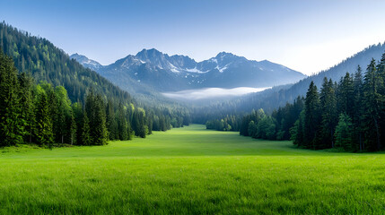 Serene mountain valley meadow sunrise landscape, travel poster