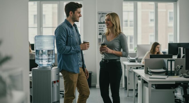 Office camaraderie two colleagues chatting near a water cooler during break - Powered by Adobe
