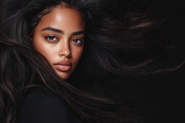 Striking portrait of a young woman with long, flowing dark hair and captivating features