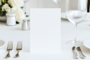 Elegant dining table arrangement, featuring a blank card, cutlery, and glassware, set for a sophisticated event or celebration.