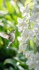 Obraz premium Hummingbird feeding on white orchids in a lush tropical garden at midday