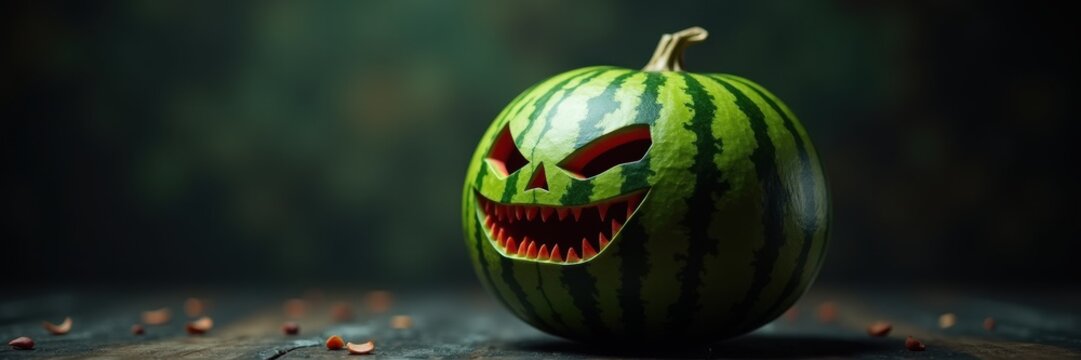 spooky, carved watermelon with an ominous face, perfect for halloween-themed decorations and creative party ideas.