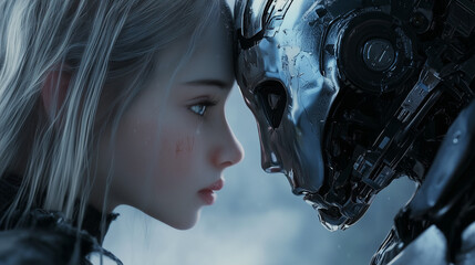 Girl with female silver cyborg