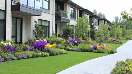 Naklejka premium Modern apartment complex landscaped walkway