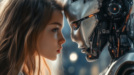 Girl with female silver cyborg