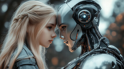 Girl with female silver cyborg