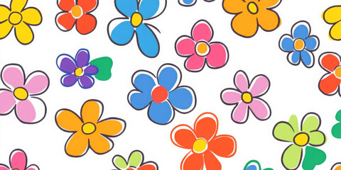 Hand drawn colorful floral seamless pattern, fun doodle flower pattern with childish style. Design for fabric, cover, wrapping, wallpaper. 
