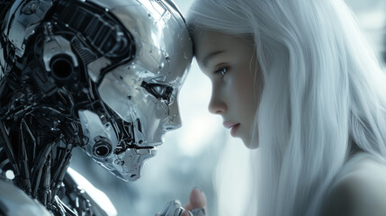 Girl with female silver cyborg