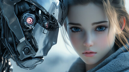 Girl with female silver cyborg