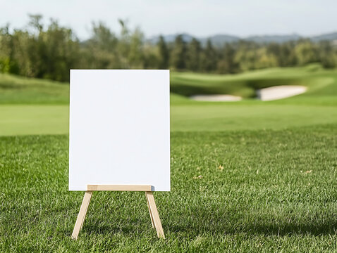 Blank canvas on an easel on a bright green golf course. The scene is idyllic and serene, ideal for advertising or announcements in a natural setting.