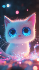 A cute, glowing kitten with large eyes in a magical, colorful setting.