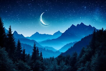 Serene Night in the Mountains under a Crescent Moon