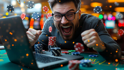 Nighttime online poker fun. A man joyfully celebrates a win while playing poker online, surrounded by colorful chips and a laptop in a casino.