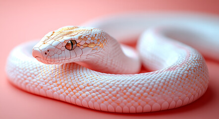 Fototapeta premium White snake with golden lines. A stunning white snake with golden patterns curls on a soft pink surface, highlighting its unique colors.