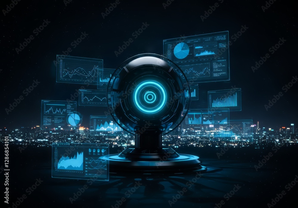 Poster concept of artificial intelligence, a visual view of a supercomputer, surrounded by graphs and holog